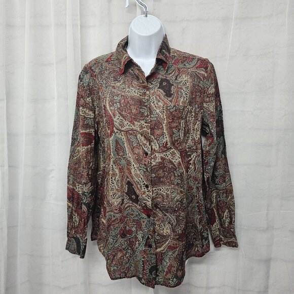 Denim & Supply Green Red Button Down Blouse Boho Western Floral S - Picture 1 of 11